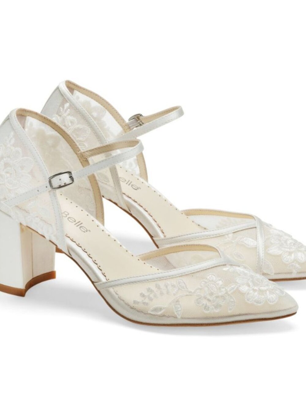 Bella Belle Chelsea Ivory Floral Illusion Mesh Lace Block Heels